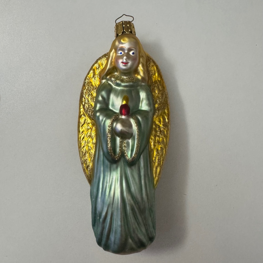Christborn German Glass Angel Ornament Gold Glitter Wings Green Gown 5.25 inch
